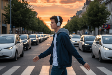 A young man crossing the street